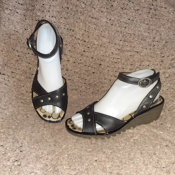 FLY LONDON-Black Studded Leather-Ankle Wrap Strap-Wedge-Sz 37-Excellent - Picture 1 of 7